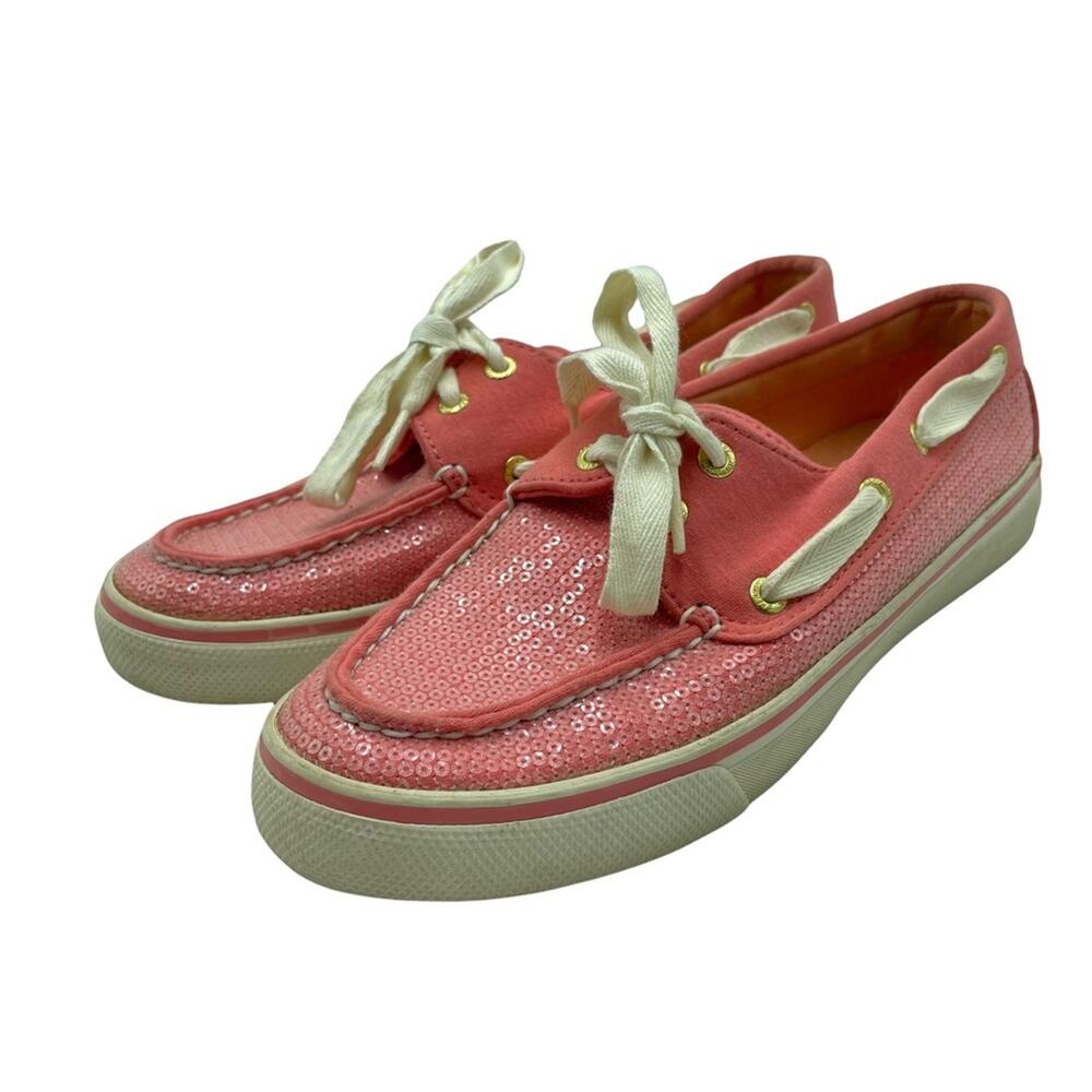 Sperry Top-Sider Bahama Boat Shoes Coral‎ Sequin Jersey Size 6.5 Women's